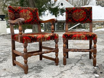 A Pair Of Vintage 1920's Carved Wood Gothic Revival Chairs - His And Hers