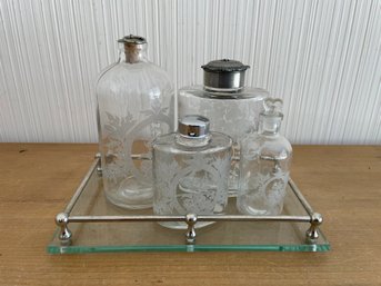 Lot Of 4 Vintage Perfume Bath Bottles On Glass Tray With Chrome Railing