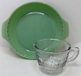 Vintage Jadeite Glass Fire King Pie Plate & Unbranded Measuring Mixing Cup