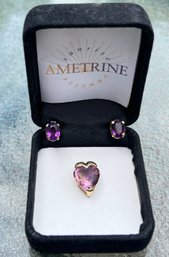 14K Gold Heart Shaped Pendant In Ametrine And Earrings