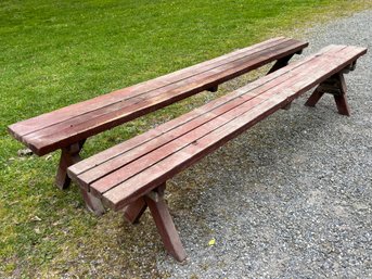 A Pair Of Long Rustic Pine Picnic Benches