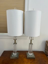 Pair Of Brass & Glass Table Lamps - 32' High