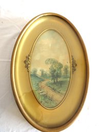 Antique Signed Watercolor In Oval Gilt Carved Frame