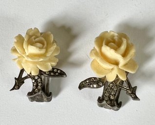 VINTAGE SIGNED STERLING SILVER CARVED IVORY ROSE CLIP-ON EARRINGS GERMANY