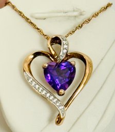 ROSE GOLD OVER STERLING SILVER AMETHYST AND WHITE TOPAZ HEART NECKLACE