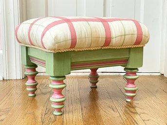A Whimsical Painted Wood Upholstered Footstool