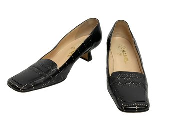 Chanel Kitten Heel Black Leather Womens Shoes, Made In Italy