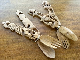 Carved Wood Salad Serving Utensils