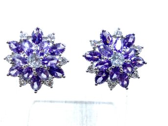 Exquisite Amethyst & Clear CZ Figural Floral Button Stud Earrings