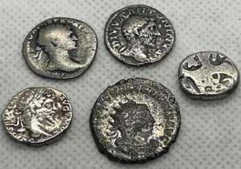 Grouping Of 5 Ancient SILVER Coins- Septimus Severus, Antoninus Pius, Valerian And 400 BC Mauryan Drachma