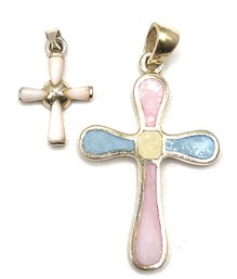 Beautiful Lot Of 2 Sterling Silver Mother Of Pearl Cross Pendants