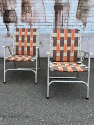 Vintage Folding Webbed Aluminum Lawn Patio Chair - Lot Of Two