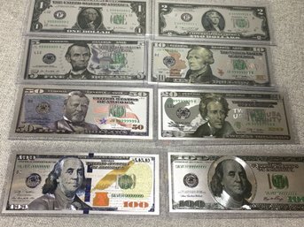 Lot Of 8 - 999 / Silver Foil Bills - 8 Pieces Total - Genuine 999. Silver Foil Sealed In Mylar - VERY Cool