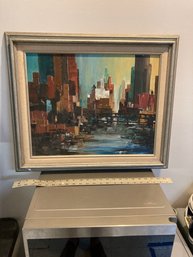 Mid Century Abstract City Scape Oil Painting