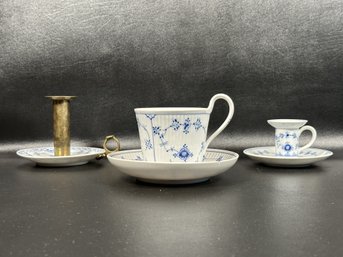 Royal Copenhagen Chambersticks, Cup & Saucer, Blue Fluted Plain Pattern