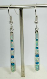 GORGEOUS STERLING SILVER OPAL INLAY LONG DANGLE EARRINGS