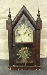 Antique Wooden Clock Painted The Glass Door With Flowers. LD/E2