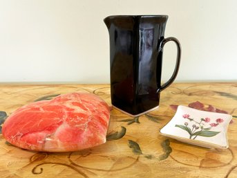 A Carved Marble Heart, Juice Pitcher, And Minton Jewelry Tray