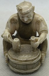 Finely Carved Antique Japanese Meiji Period Netsuke Of A Cooper/barrel Maker- Signed KUNIMITSU