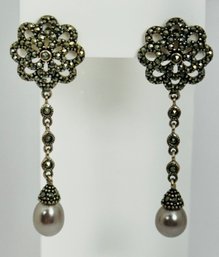 BEAUTIFUL STERLING SILVER MARCASITE GRAY PEARL DANGLE EARRINGS