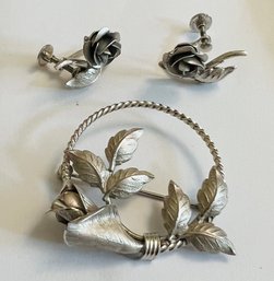 VINTAGE SIGNED BOYD BOND STERLING SILVER ROSE BROOCH & SCREWBACK EARRING SET