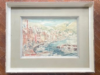 An Original Vintage Watercolor By Bill Tenschent - European Harbor Scene