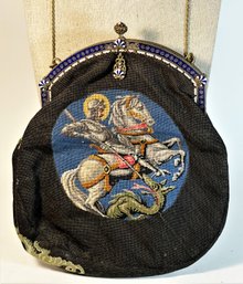 Antique Enamel And Silver Embroidered Petit Point Purse Saint George & The Dragon