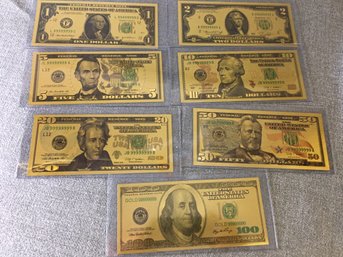 Lot Of 7  .9999 / Gold Foil Bills 7 Pieces Total - Genuine .9999 Gold Foil Sealed In Mylar - VERY Cool Lot