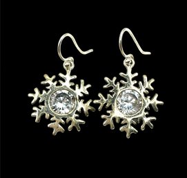 Vintage Sterling Silver Snowflake Clear Stone Dangle Earrings