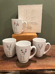 NIB BIA Cordon Bleu Inc. Happy Holidays Christmas Reindeer Coffee Cup Set Of 4