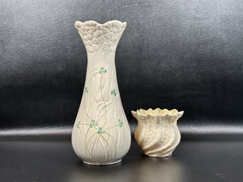 A Pair Of Vintage Vases By Belleek, Shamrock Daisy & Neptune Patterns