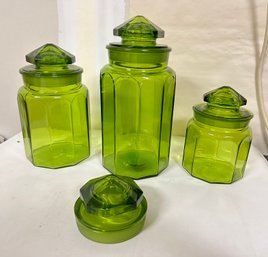 Set Of Three Le Smith Green Glass Paneled Canister And One Extra Green Glass Lid.       LizS-CvBc