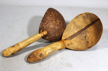 Pair Ethnographic Coconut Ladles Spoons Wood Handles