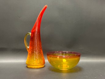 Vintage Amberina Art Glass: Stretched Pitcher & Bowl