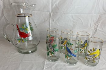 Glass Pitcher And Cups With Birds