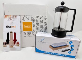 All New: Finamill Spice Mill In Box, Bodum French Coffee Press & Sharp Pebble Sharpening Stone