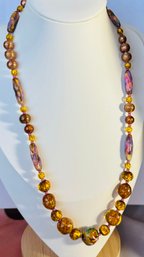 VINTAGE PEACOCK FOIL GLASS AND GOLD VENETIAN STYLE BEAD NECKLACE