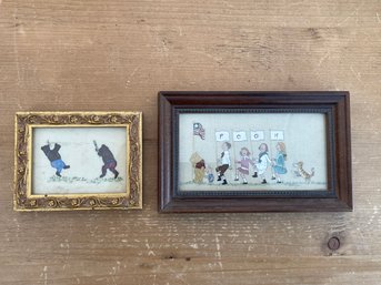 Lot Of 2 NANCY STILLWAGON Bear And Winnie The Pooh Paintings On Cloth Signed Framed Gunther Hall Ltd