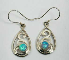 STERLING SILVER OPAL SCROWL WORK DANGLE EARRINGS