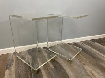 Pair Of Lucite Rolling C Tables/snack Tables
