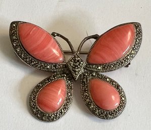 VINTAGE SIGNED CW STERLING SILVER MARCASITE ORANGE BUTTERFLY BROOCH