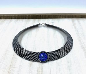 Unique Silvertone Wreath Choker Style Necklace W/ Blue Center Stone