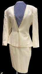 Fabulous Vintage Nolan Miller White Ice Linen Skirt Suit W/ Faux Pearl Detail - Size 12