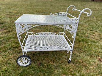 Vintage Wrought Iron And Glass Top Service Tea Cart With Rose Motif.