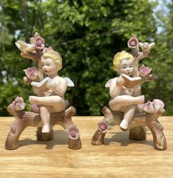 Pair Of Andrea Handpainted Porcelain Cherubs