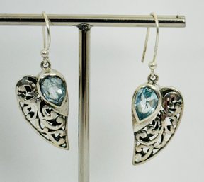 BEAUTIFUL STERLING SILVER BLUE TOPAZ WING STYLE SCROWL WORK DANGLE EARRINGS