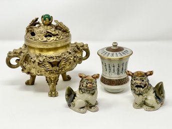 Chinese Incense Burner, A Pair Of Glazed Foo Dog Figurines And A Japanese Lidded Teacup