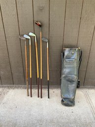 Vintage Wood Golf Clubs With Bag