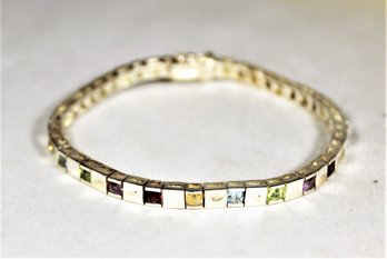 Sterling Silver Contemporary Genuine Multi Gemstone Square Shaped Link Bracelet