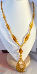 VINTAGE ART DECO ORANGISH YELLOW BEADED DANGLE NECKLACE WITH TASSEL